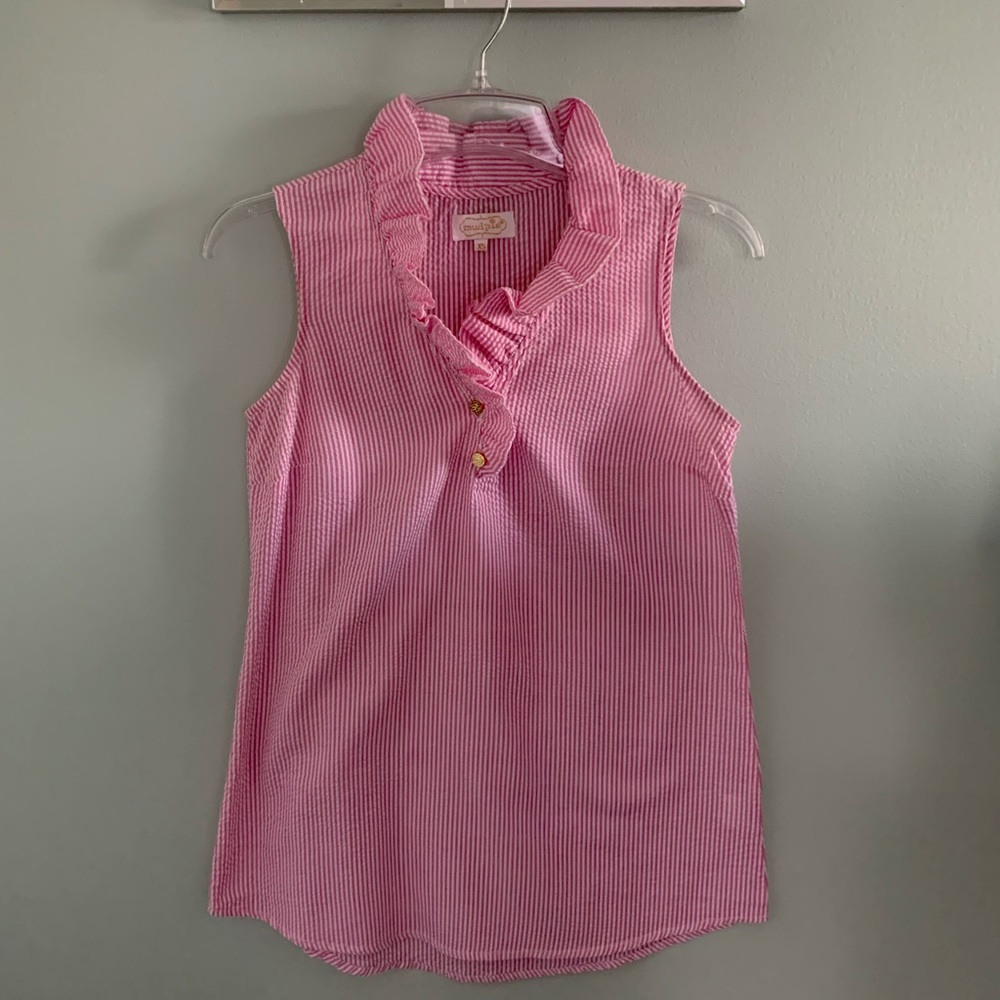 MudPie Sleeveless Pink Seersucker Top